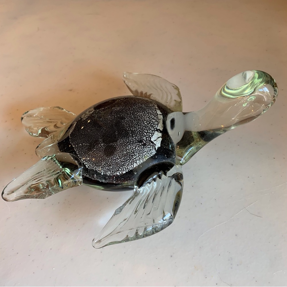 Blown Art Glass Turtle Sculpture Paper Weight Silver Network Shell 8”